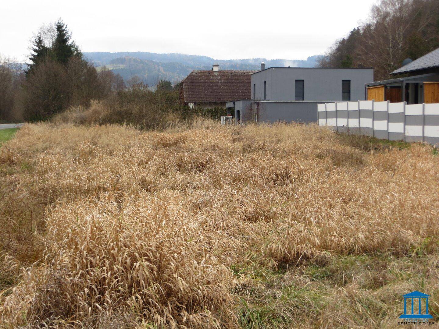 Unbebautes Grundstück mit trockenem Gras, umgeben von Wohnhäusern und hügeliger Landschaft.