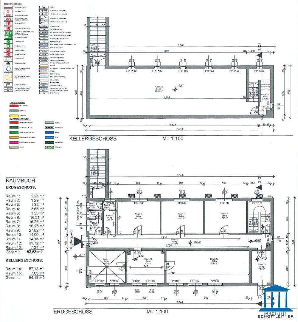 Detaillierter Grundriss des Kellergeschosses und Erdgeschosses mit Raumaufteilung und Maßen.
