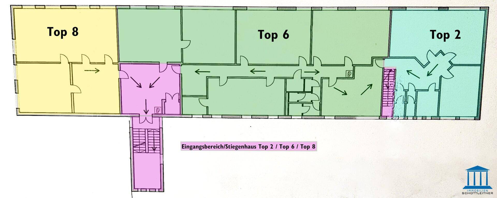 Übersichtlicher Grundrissplan mit drei separaten Einheiten und einem gemeinsamen Treppenhauszugang.