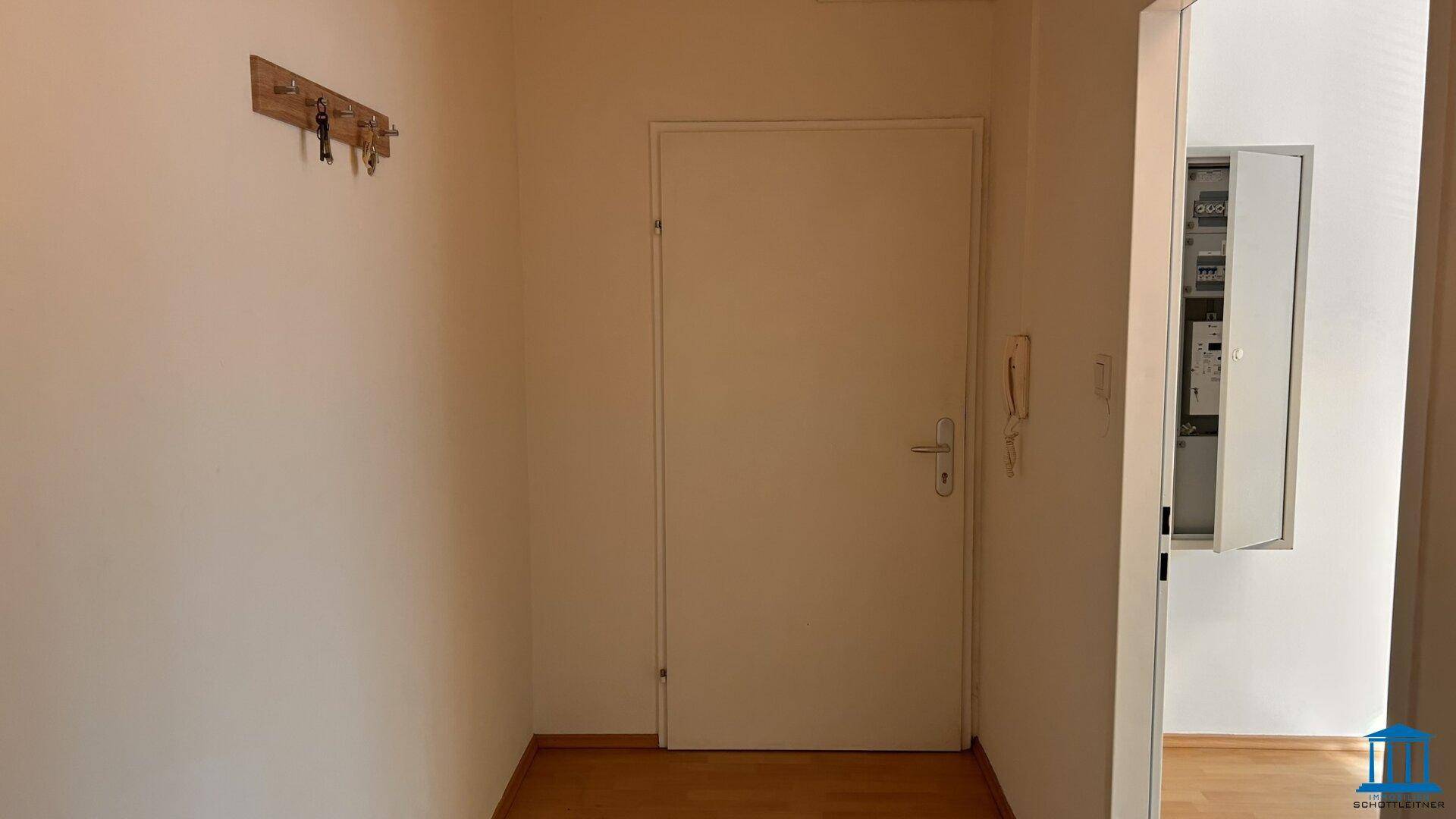 Eingangsbereich mit Holzboden, Garderobe und Zugang zum Sicherungskasten.