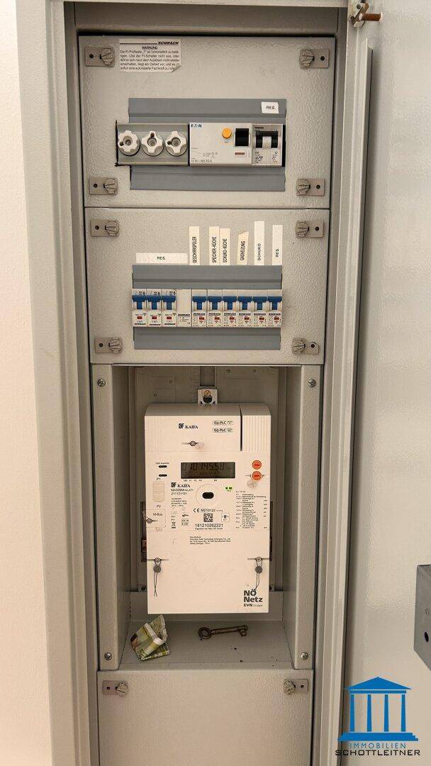 Sicherungskasten mit Stromzähler und verschiedenen Schaltern in einem Technikraum.