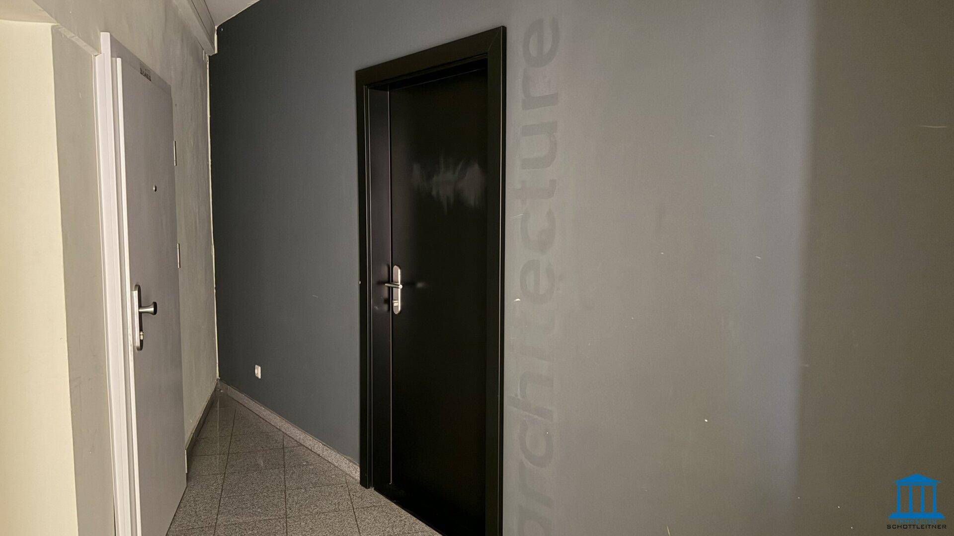Eingangsbereich mit dunkler Tür und grauer Wand, führt zu weiteren Räumen.