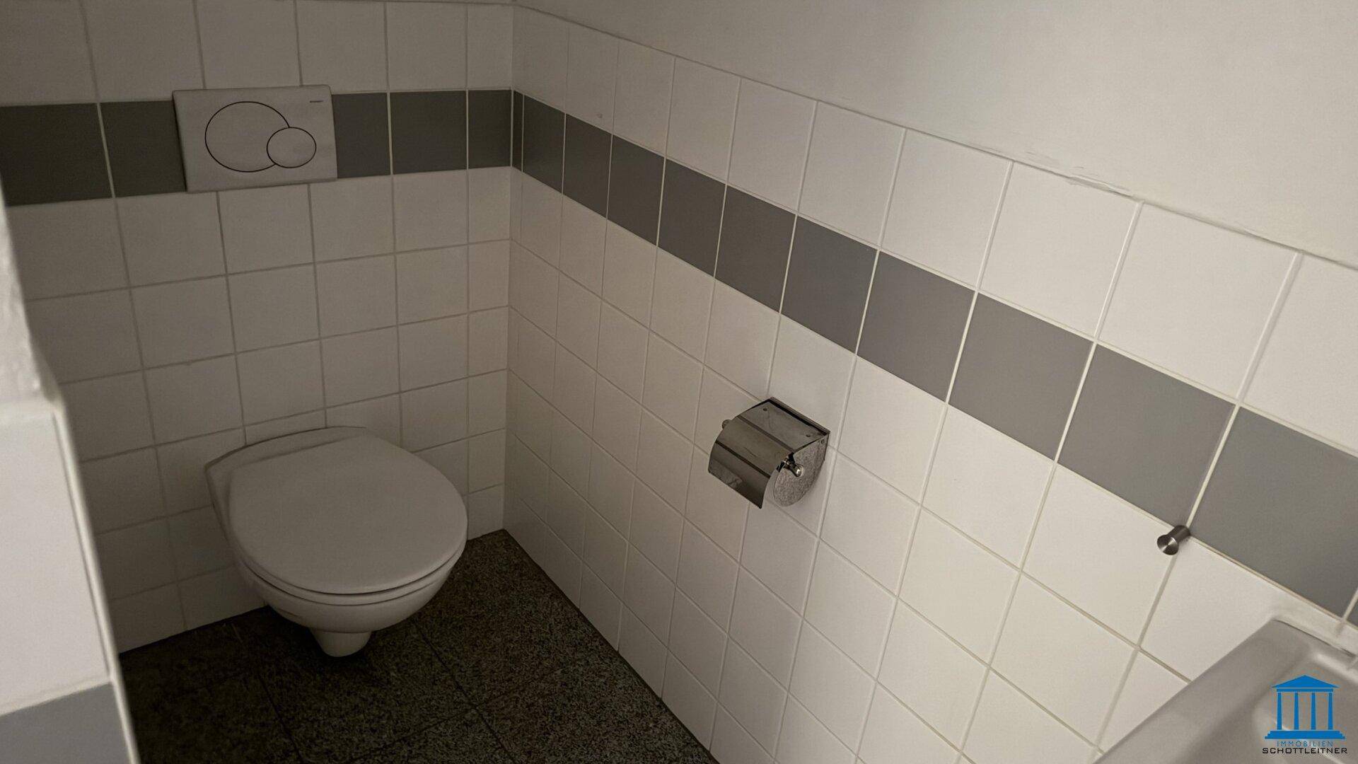 Saubere Gästetoilette mit weißen und grauen Fliesen, ausgestattet mit einer Wandtoilette.