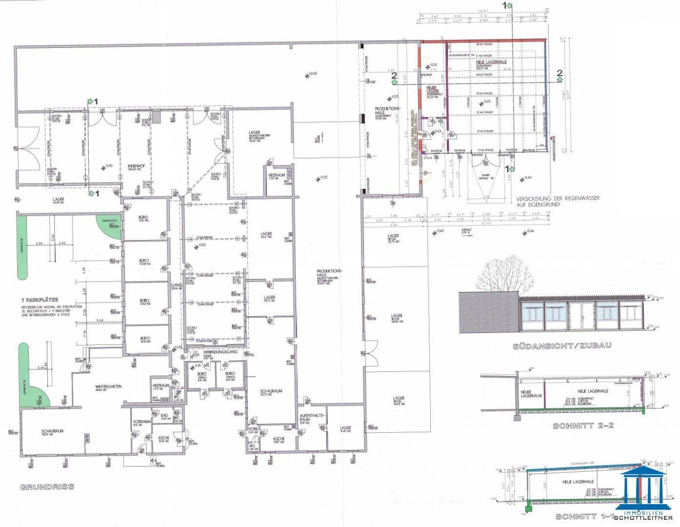 Detaillierter Grundrissplan eines Gewerbeobjekts mit Büros, Lagerräumen, Wintergarten und Parkplätzen.