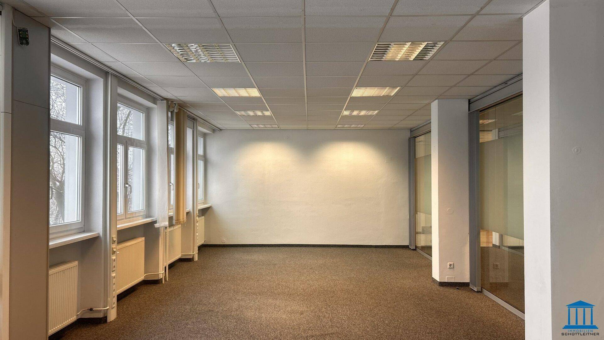 Geräumiges, leeres Büro mit Teppichboden, großen Fenstern und modularen Deckenleuchten, bereit zur individuellen Gestaltung.