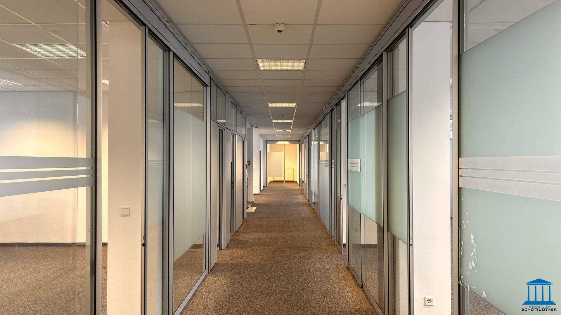 Langer Bürogang mit Teppichboden und Glaswänden, die zu den einzelnen Büros führen.