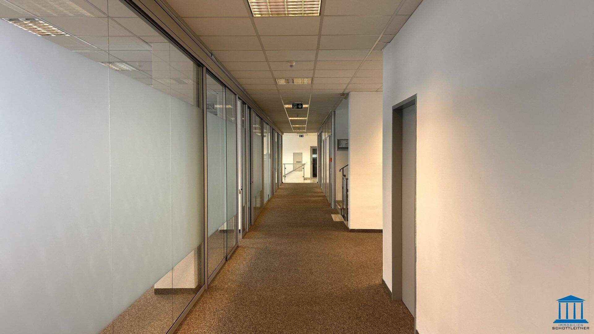 Langer Bürogang mit Teppichboden und Glaswänden, die zu den einzelnen Büros führen.