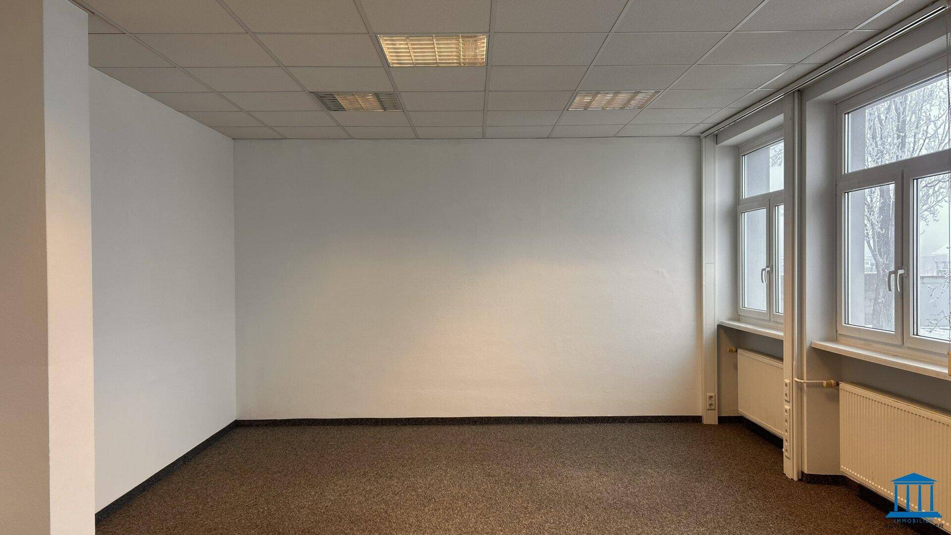 Helles, leeres Büro mit Teppichboden und Fenstern, ideal für verschiedene Nutzungen.