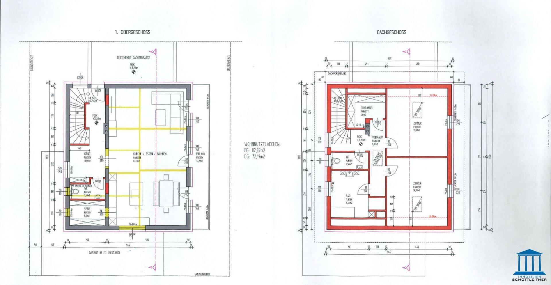 Grundrisse des 1. Obergeschosses und Dachgeschosses mit Wohnbereichen und Schlafzimmern.