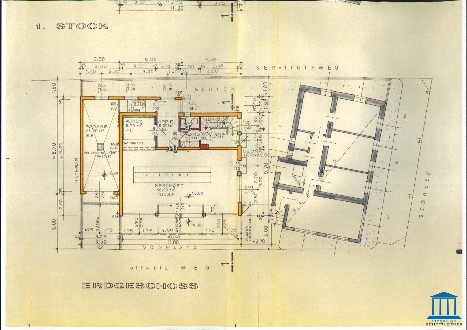 Grundriss des Erdgeschosses mit Geschäftsfläche, Garage und Zugang zur Terrasse.