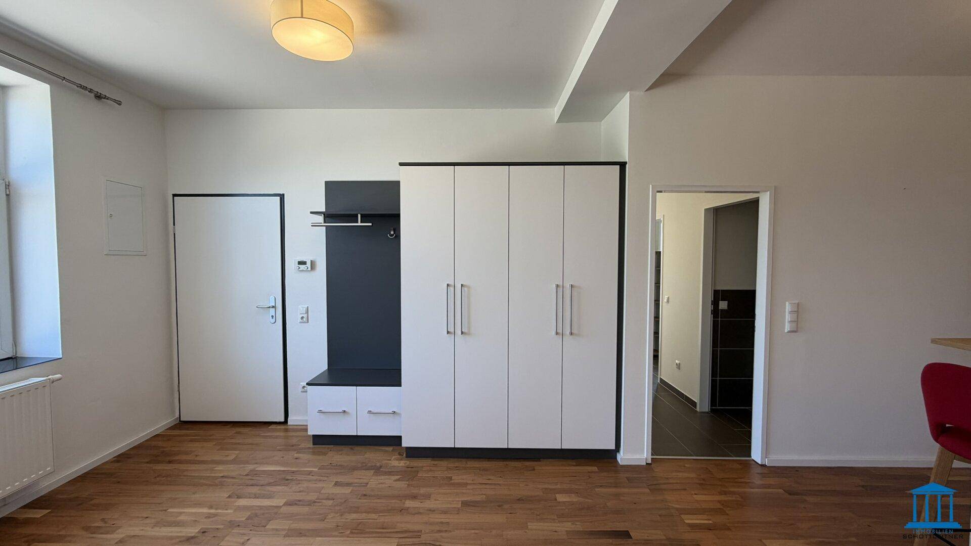 Eingangsbereich mit Holzboden, weißem Garderobenschrank und Zugang zu weiteren Räumen.