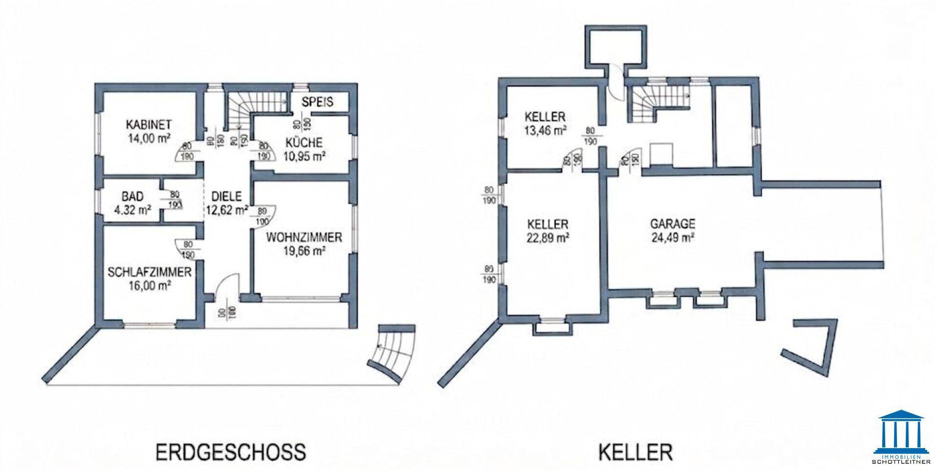 Grundrisspläne für Erdgeschoss und Keller mit Raumaufteilung und Flächenangaben.