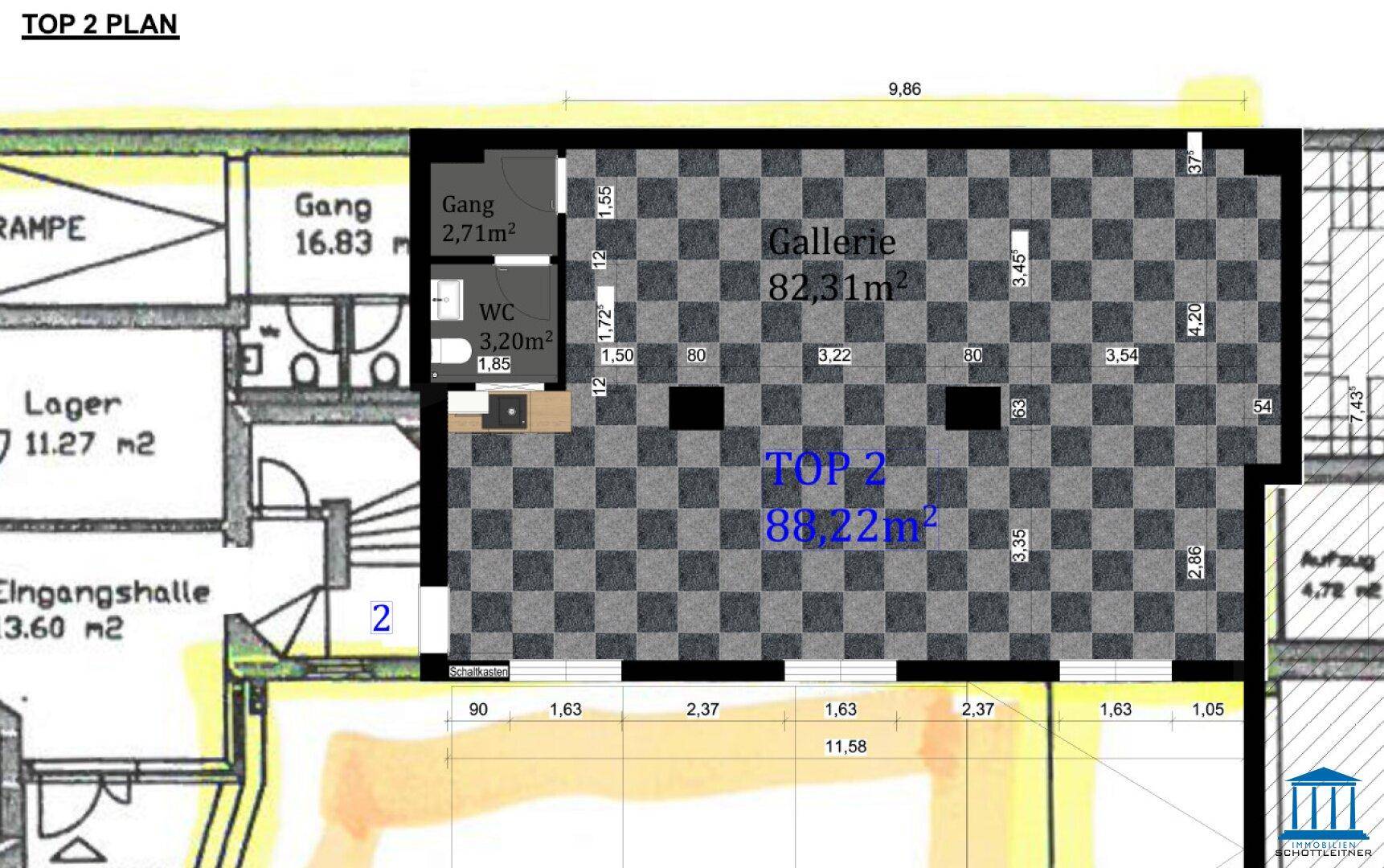 Detaillierter Grundriss von TOP 2 mit Galerie, WC und Zugangsbereich, inklusive Rampenzugang.