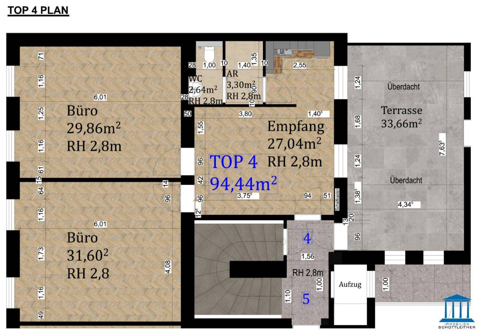 Detaillierter Grundriss von TOP 4 mit zwei Büros, Empfangsbereich, WC und großer Terrasse.