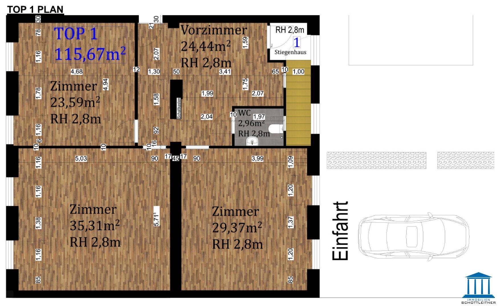 Detaillierter Grundriss von TOP 1 mit drei Zimmern, Vorzimmer und WC, inklusive Flächenangaben.