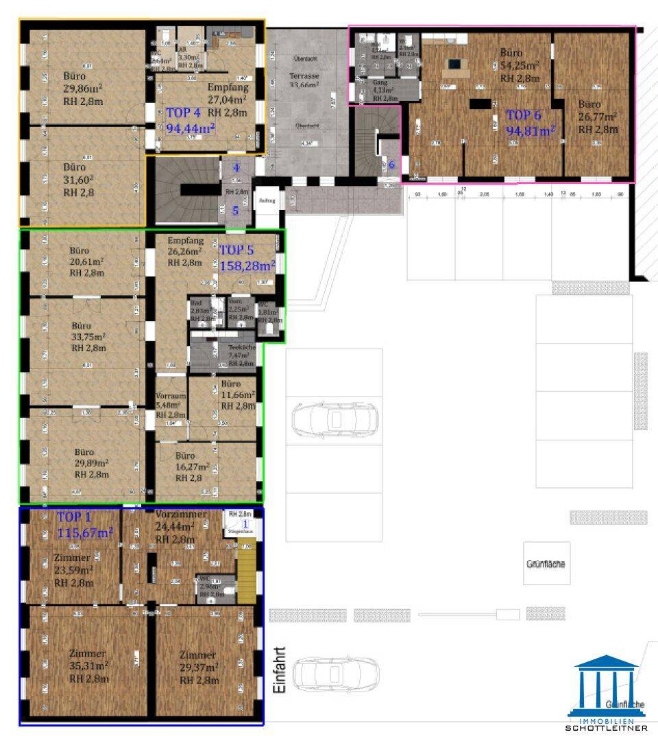 Übersichts-Grundriss mehrerer Geschäftseinheiten mit Büros, Empfangsbereichen und einer Terrasse, inklusive Parkplätzen.