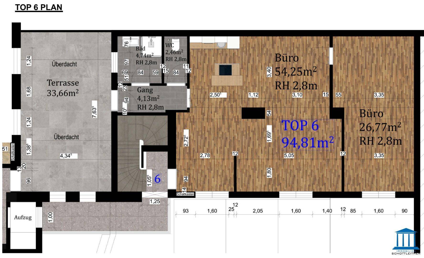 Grundriss der Einheit TOP 6 mit Büroräumen, Terrasse, Bad und separatem WC, inklusive Aufzugzugang.