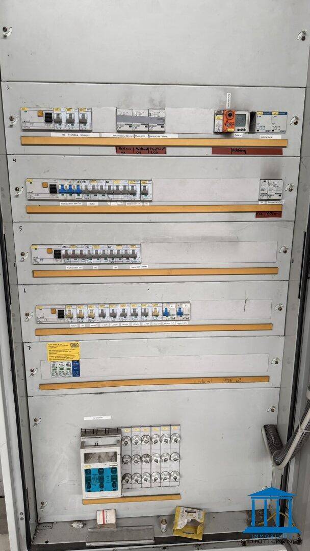 Großer elektrischer Verteilerkasten mit mehreren Reihen von Sicherungen und Schaltern.