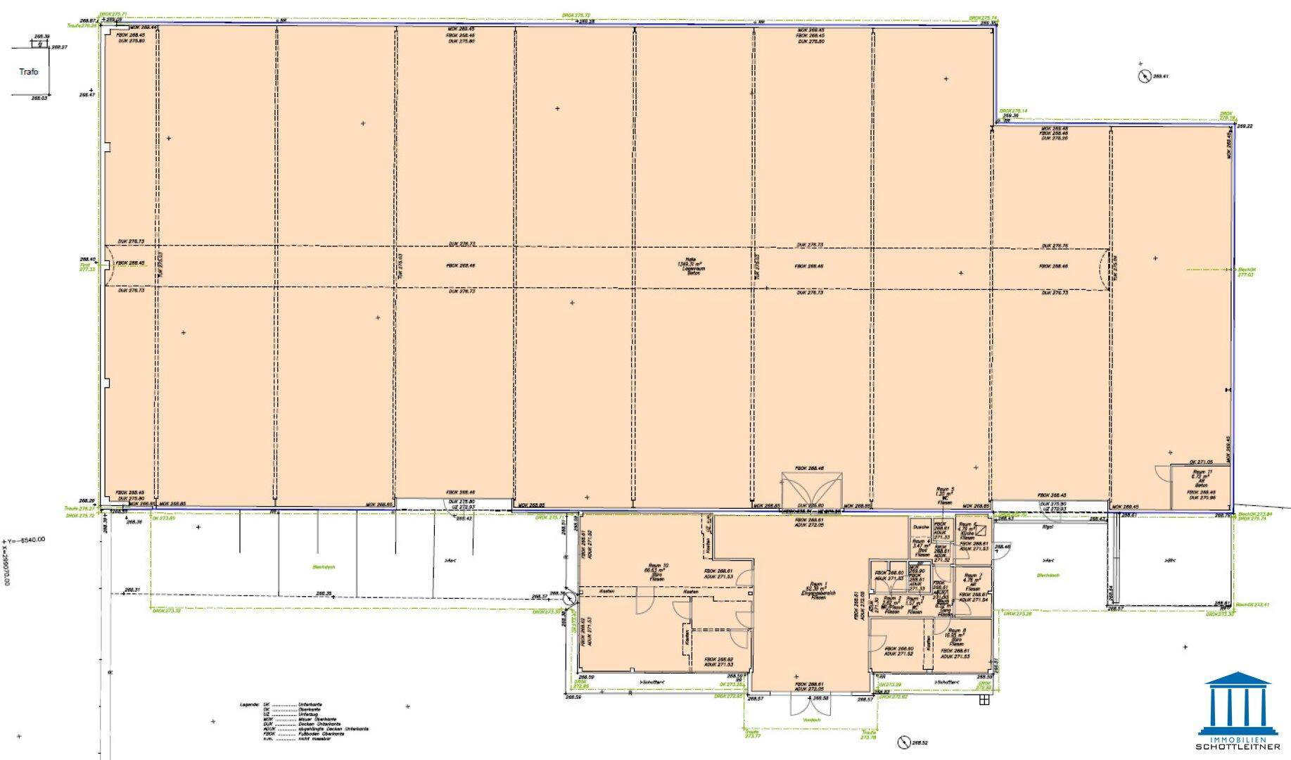 Gesamtgrundriss des Gebäudes mit Bürobereichen und großem Lagerraum.