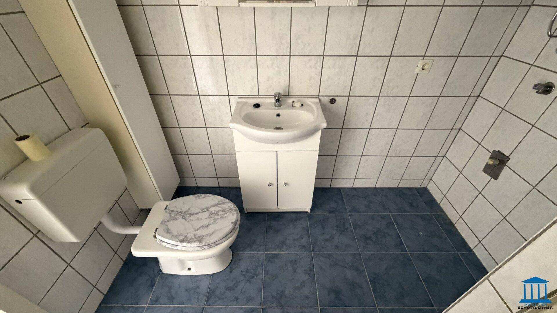 Funktionales Badezimmer mit Waschbecken, Toilette und blauen Bodenfliesen in gutem Zustand.