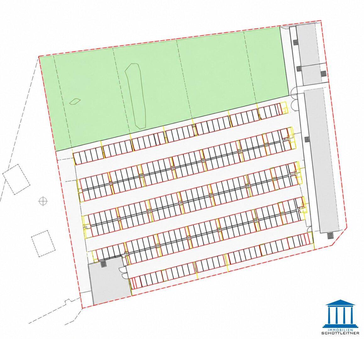 Detaillierter Plan einer großen Fläche mit zahlreichen markierten Stellplätzen und einer Grünfläche.