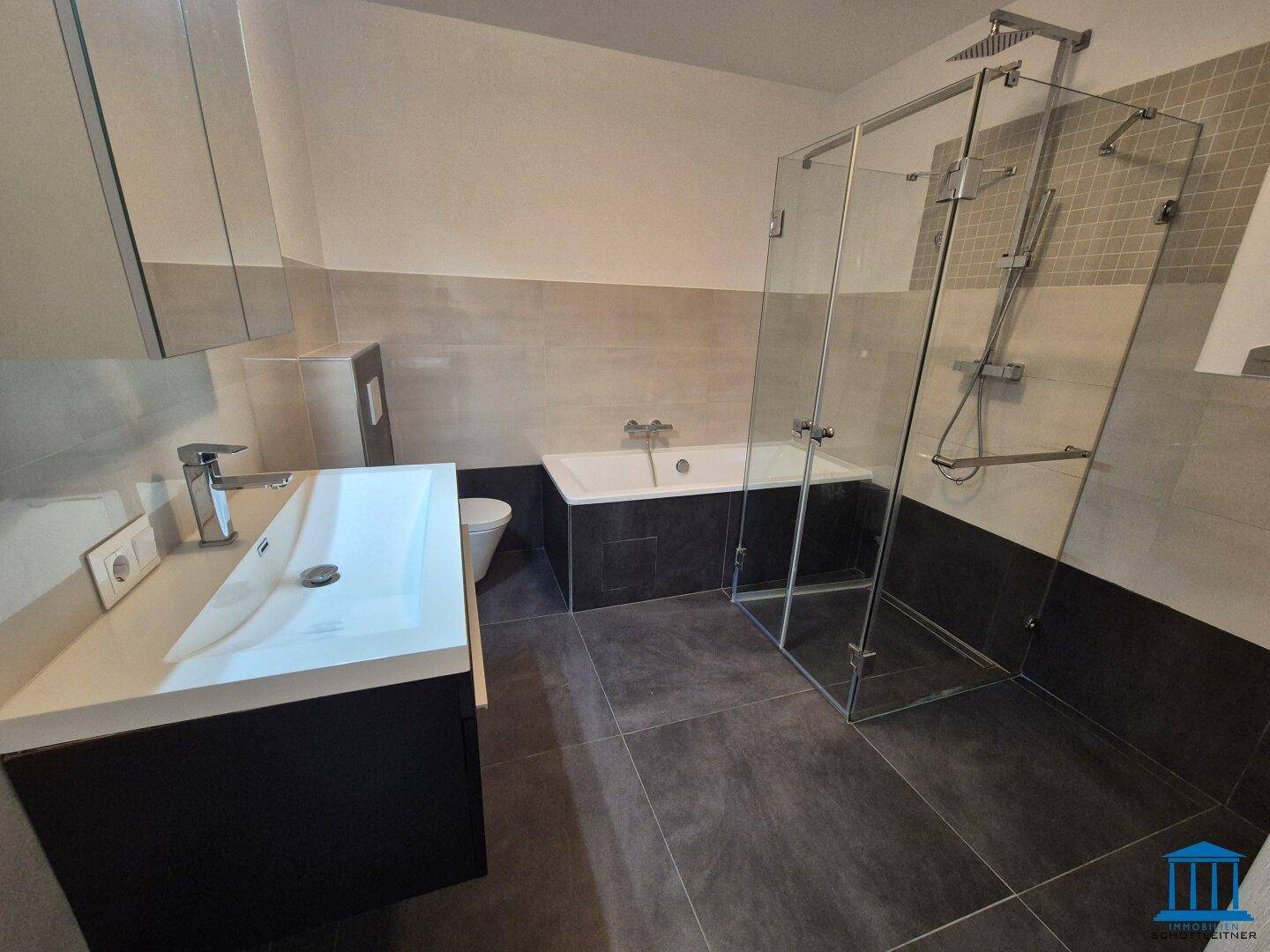 Modernes Badezimmer mit dunklen Fliesen, Badewanne, begehbarer Dusche und Einzelwaschbecken.