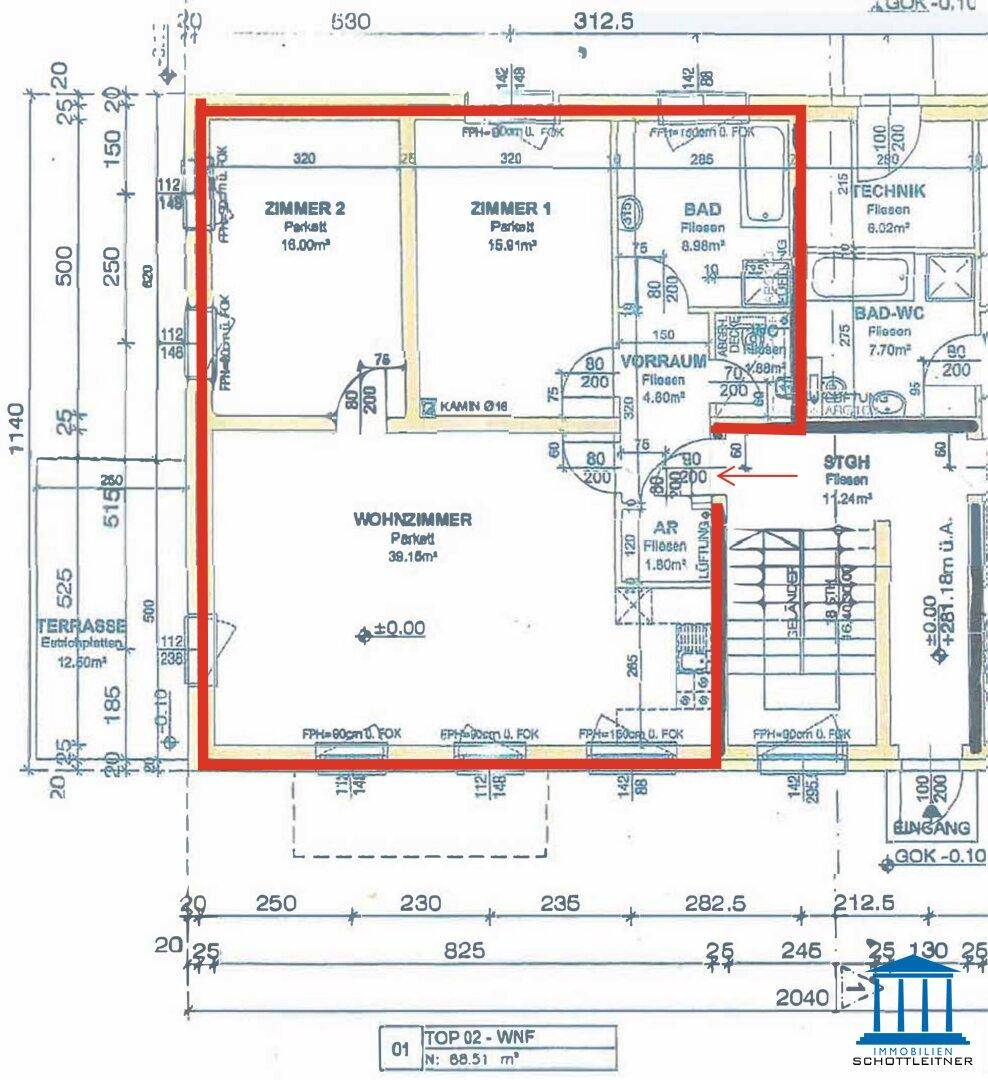 Detaillierter Grundriss mit Wohnzimmer, zwei Schlafzimmern, zwei Bädern und Terrasse.