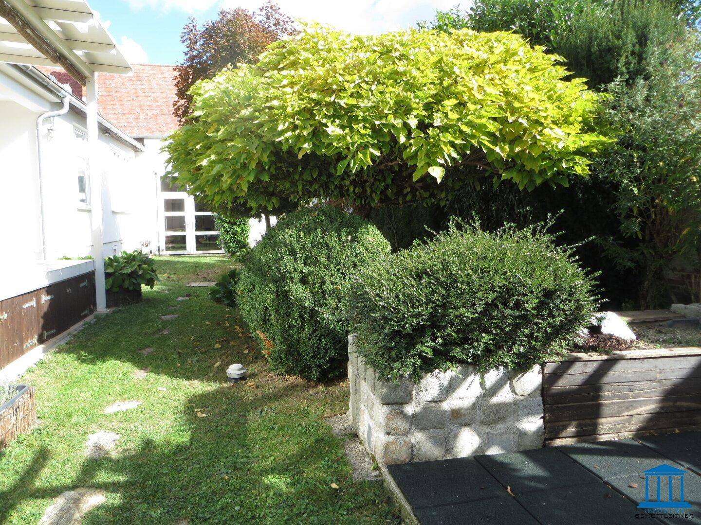 Gepflegter Gartenbereich mit Ziersträuchern und einem kleinen befestigten Weg neben dem Haus.