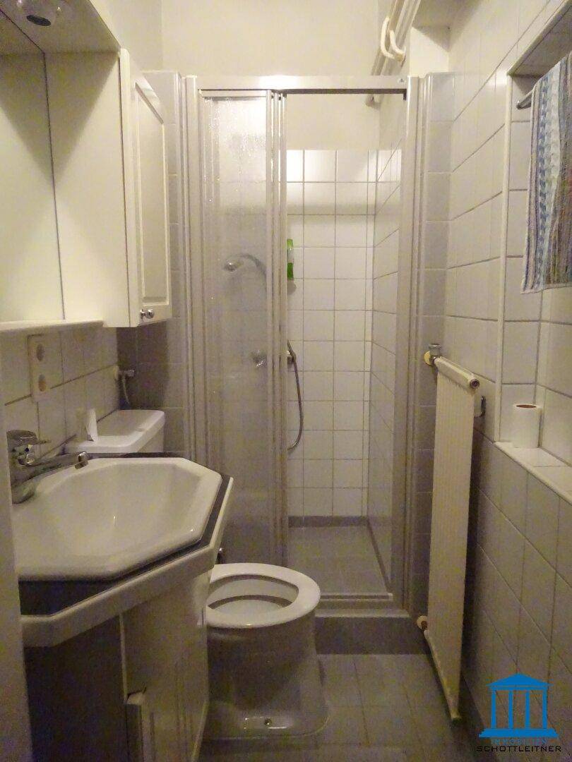 Kompaktes Badezimmer mit Duschkabine, Toilette und kleinem Waschbecken in funktionalem Design.