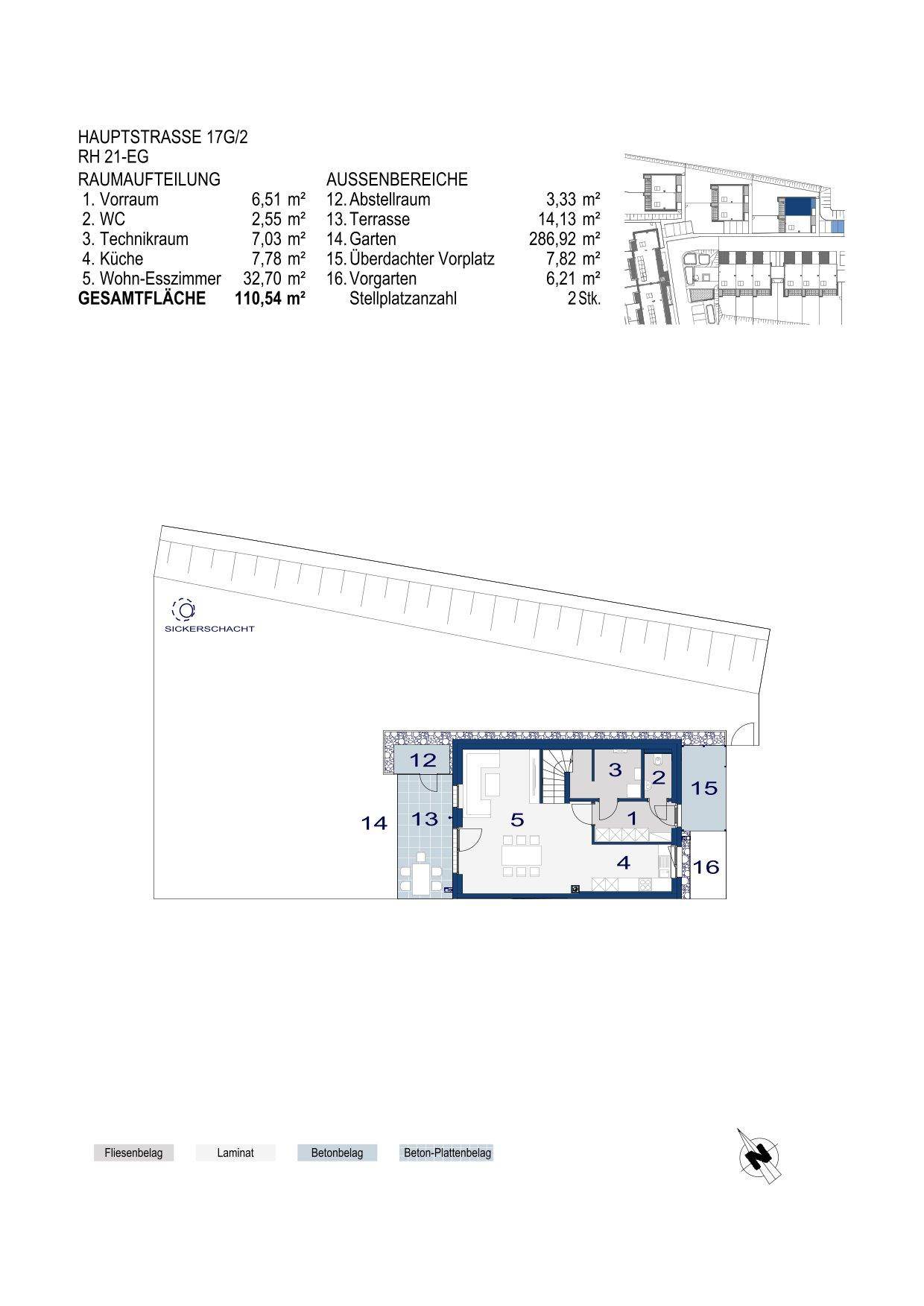 Grundriss des Erdgeschosses mit Wohn-Esszimmer, Küche und Zugang zu Terrasse und Garten.