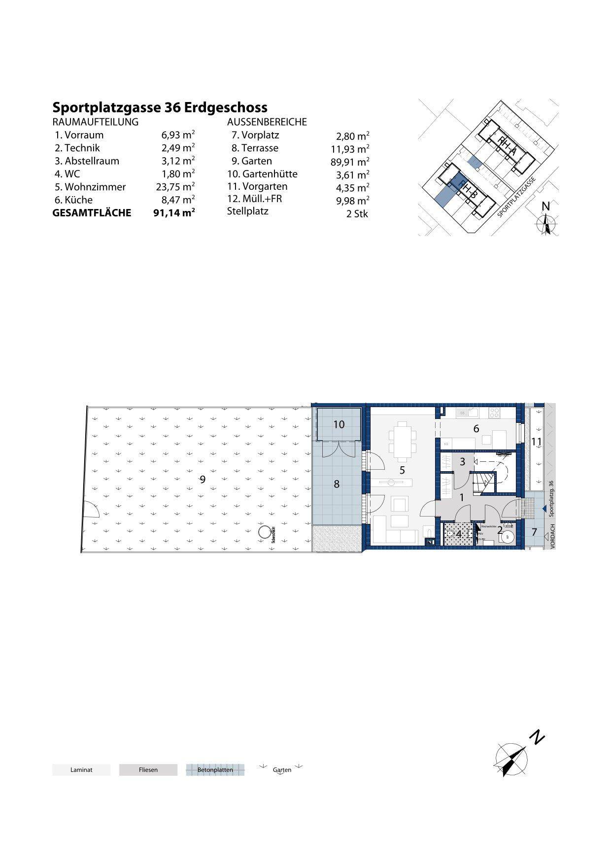 Grundriss des Erdgeschosses mit offenem Wohnbereich, Küche und Zugang zu Garten und Terrasse.