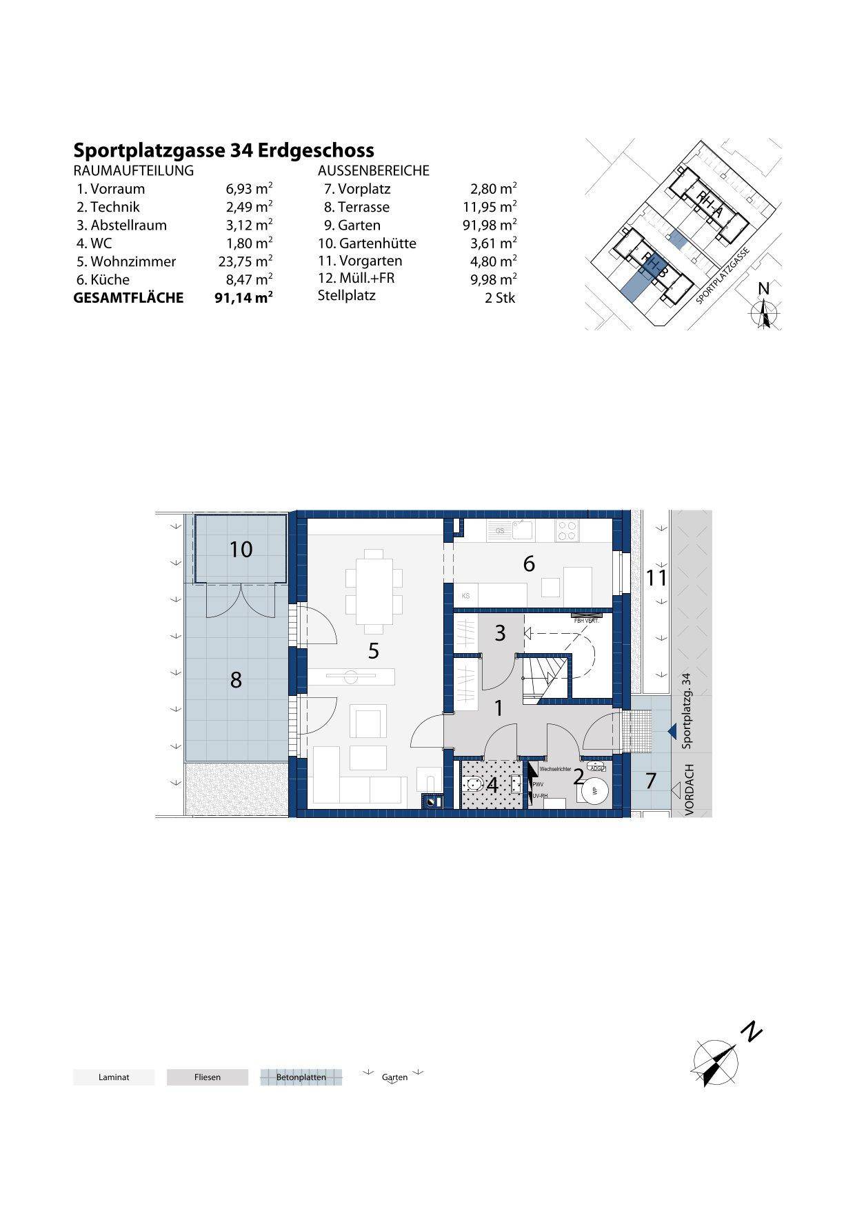 Detaillierter Grundriss des Erdgeschosses mit hervorgehobenen Wohnbereichen und Außenflächen.