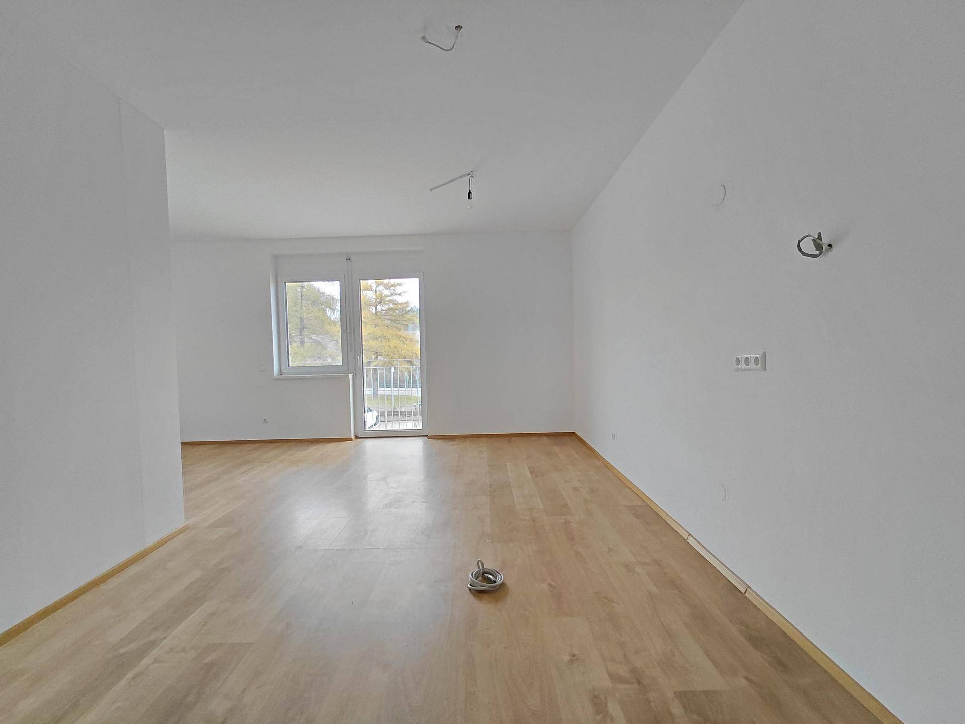 Heller Wohnbereich mit Laminatboden und Zugang zum Außenbereich.