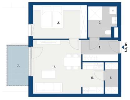 Grundriss einer Wohnung mit Schlafzimmer, Bad, offenem Wohnbereich und großem Balkon.