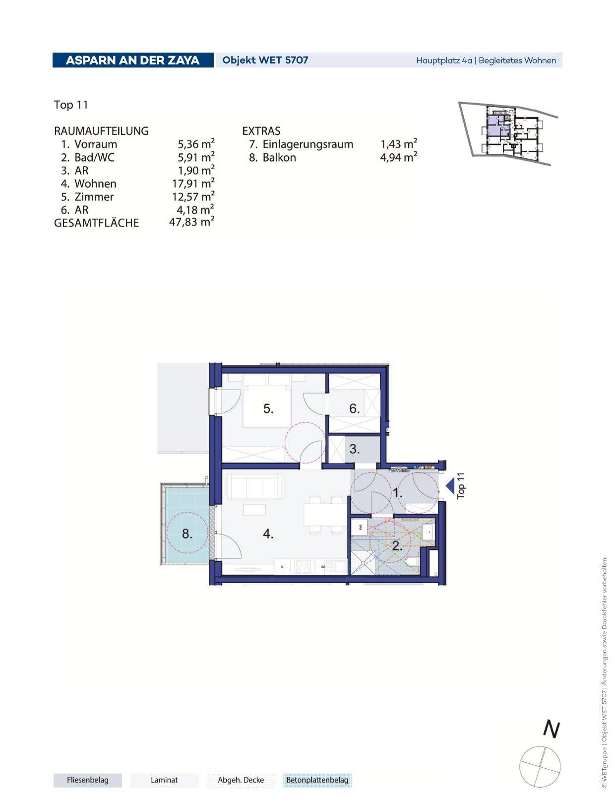 Grundriss von Top 11 mit Wohnbereich, Zimmer, Bad und Balkon, inklusive Flächenangaben.