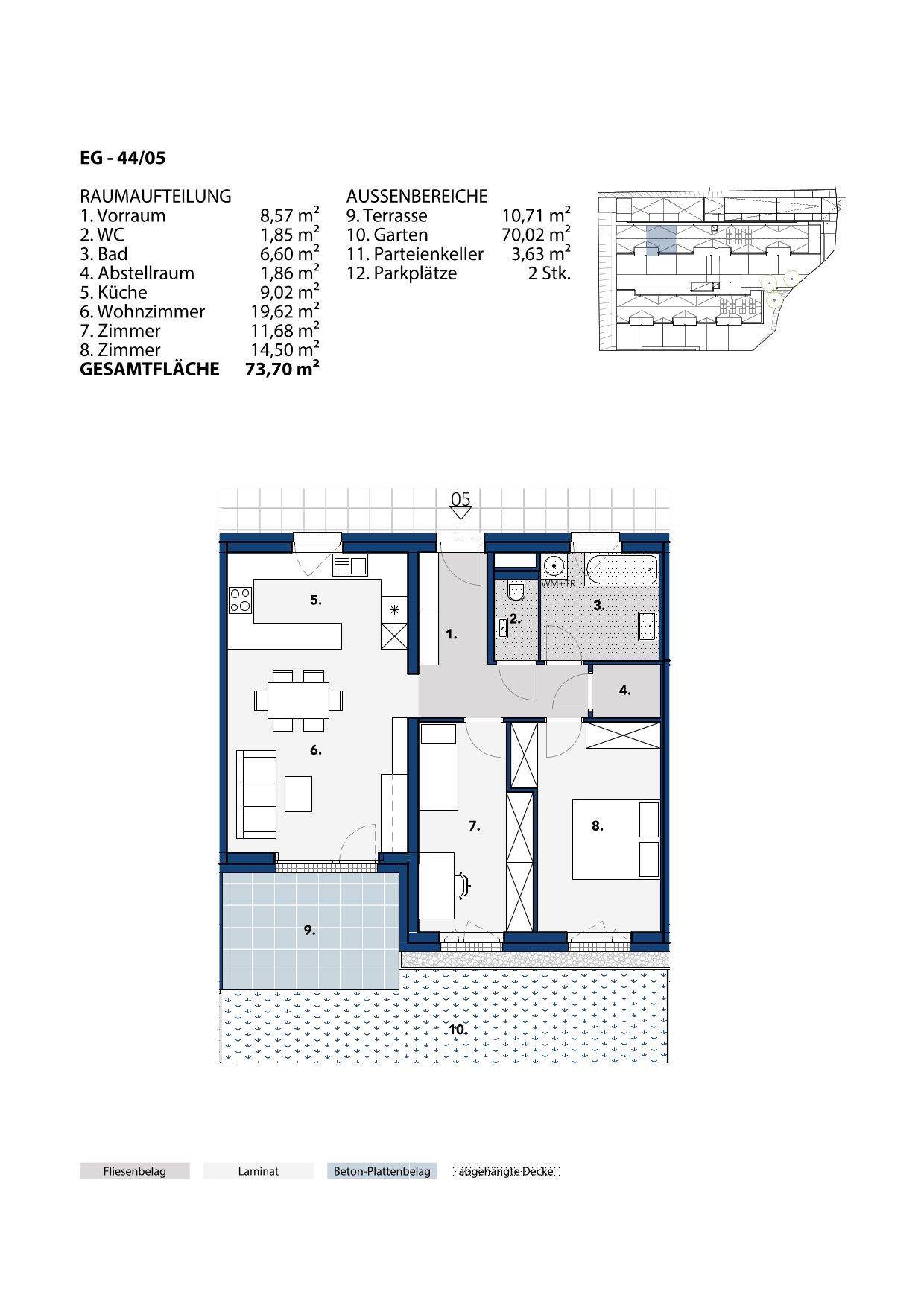 Grundriss einer Wohnung mit offenem Wohnbereich, zwei Schlafzimmern, Bad, separatem WC, Terrasse und Garten.