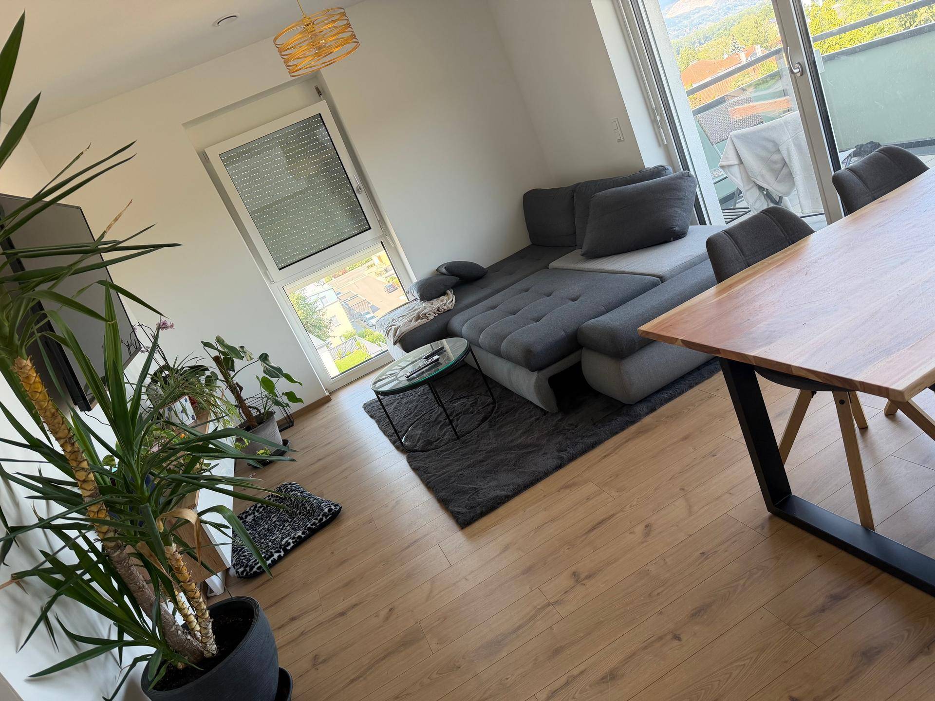 Offener Wohnbereich mit gemütlichem Sofa, Esstisch und Zugang zum Balkon.