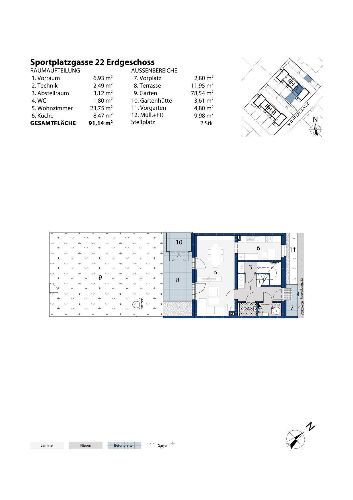 Grundriss des Erdgeschosses mit offenem Wohn- und Essbereich, Küche, Terrasse und Garten.