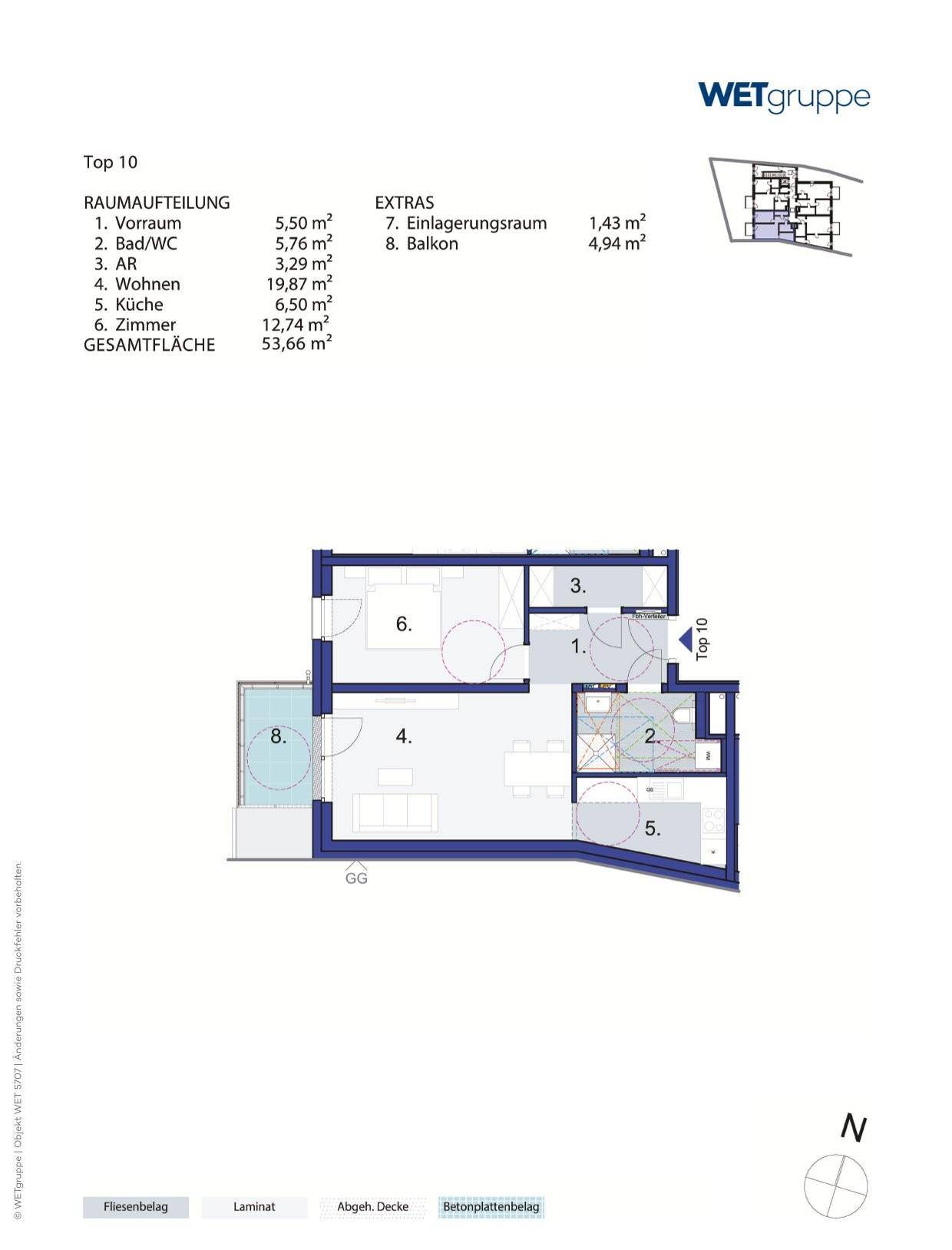 Grundriss der Wohnung 'Top 10' mit Raumaufteilung und Balkon.