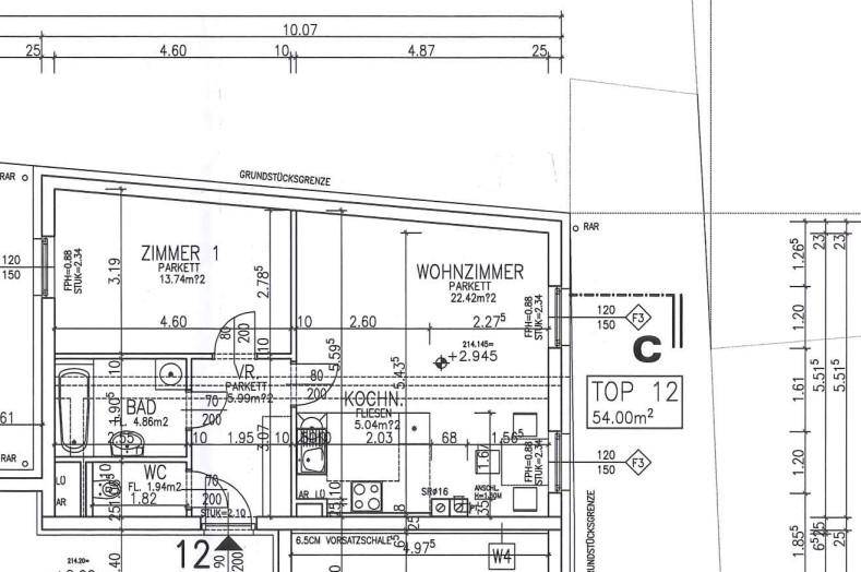 Grundriss der Wohnung TOP 12 mit 54.00m², inklusive Wohnzimmer, Schlafzimmer, Bad und Küche.
