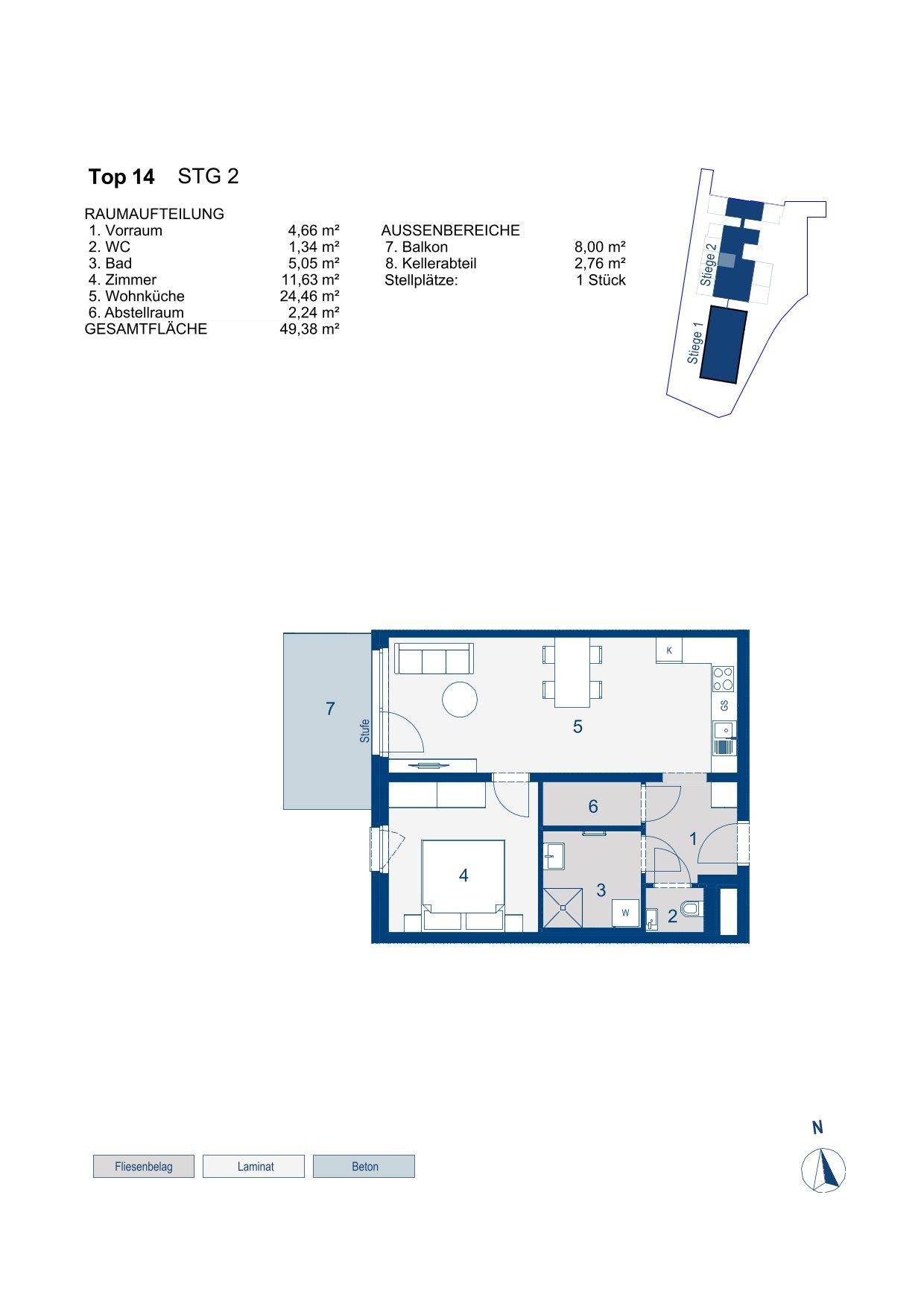 Grundriss der Wohnung Top 14 im 2. Stock mit offener Wohnküche, einem Schlafzimmer und Balkon.