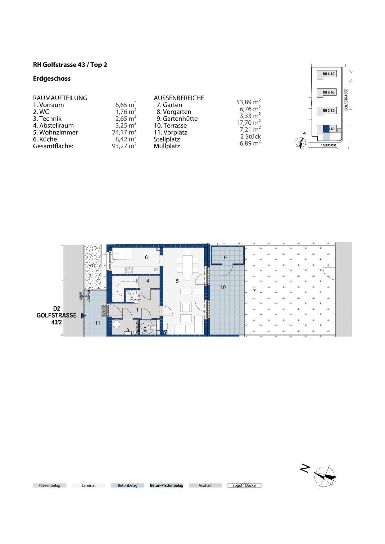 Grundriss des Erdgeschosses mit Wohnzimmer, Küche, Terrasse und Garten.