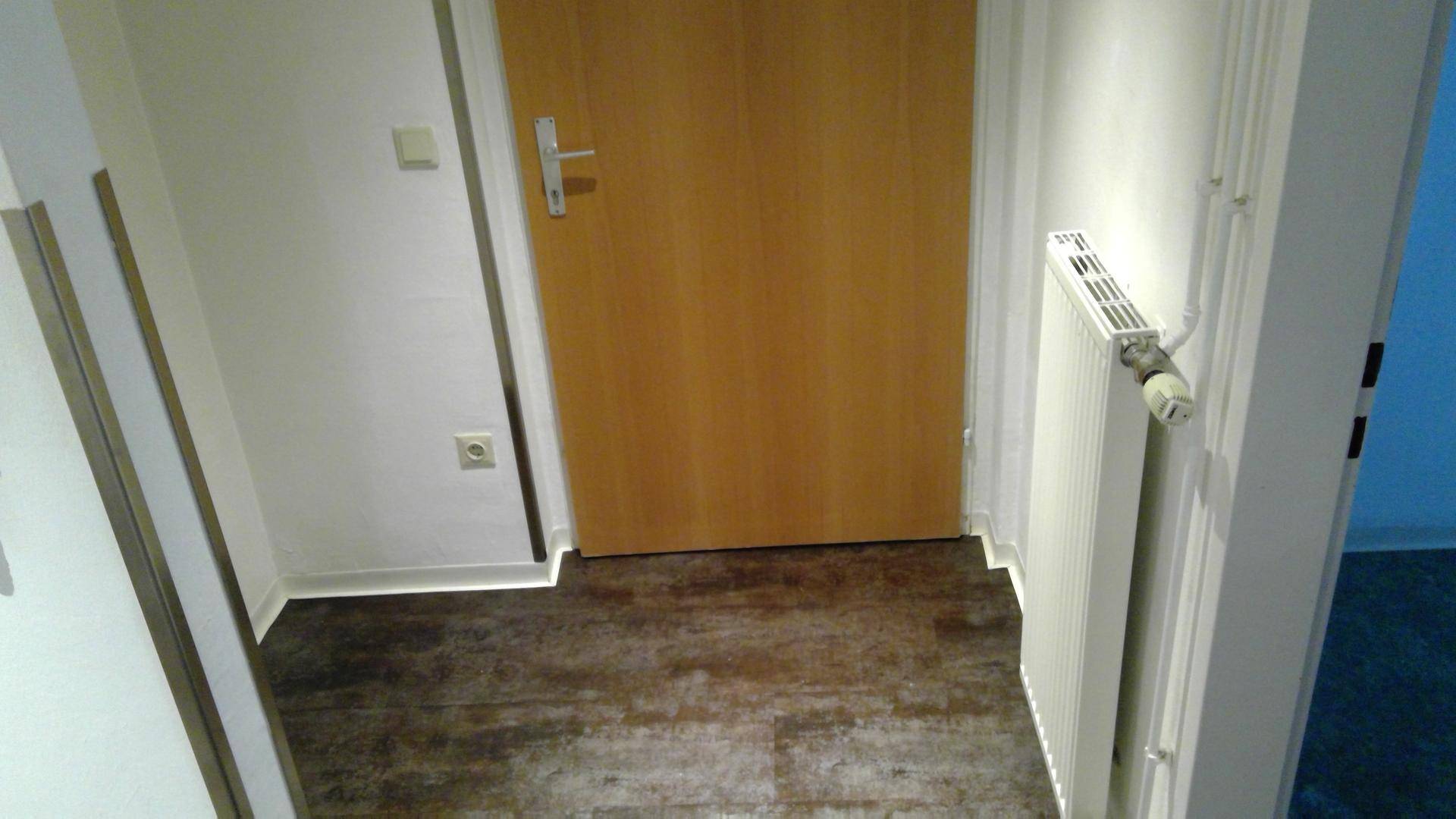 Flur mit dunklem Laminatboden, einer Holztür und einem Heizkörper an der Wand.