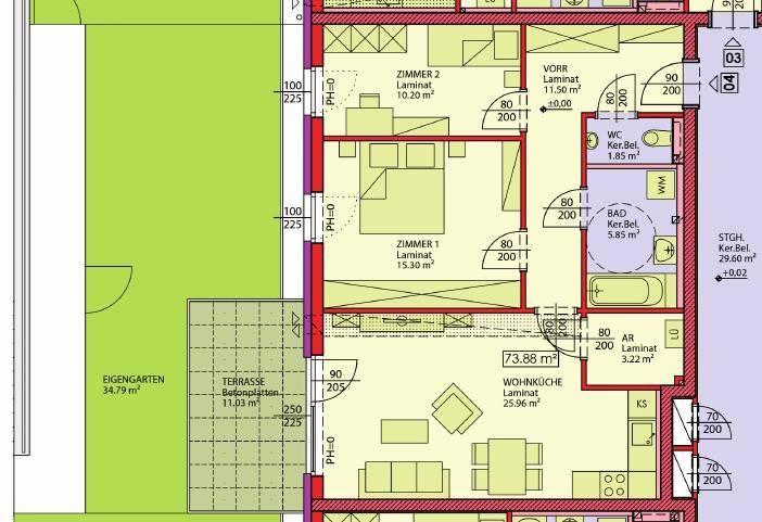 Grundriss einer Wohnung mit offener Wohnküche, zwei Schlafzimmern, Bad, WC, Terrasse und eigenem Garten.