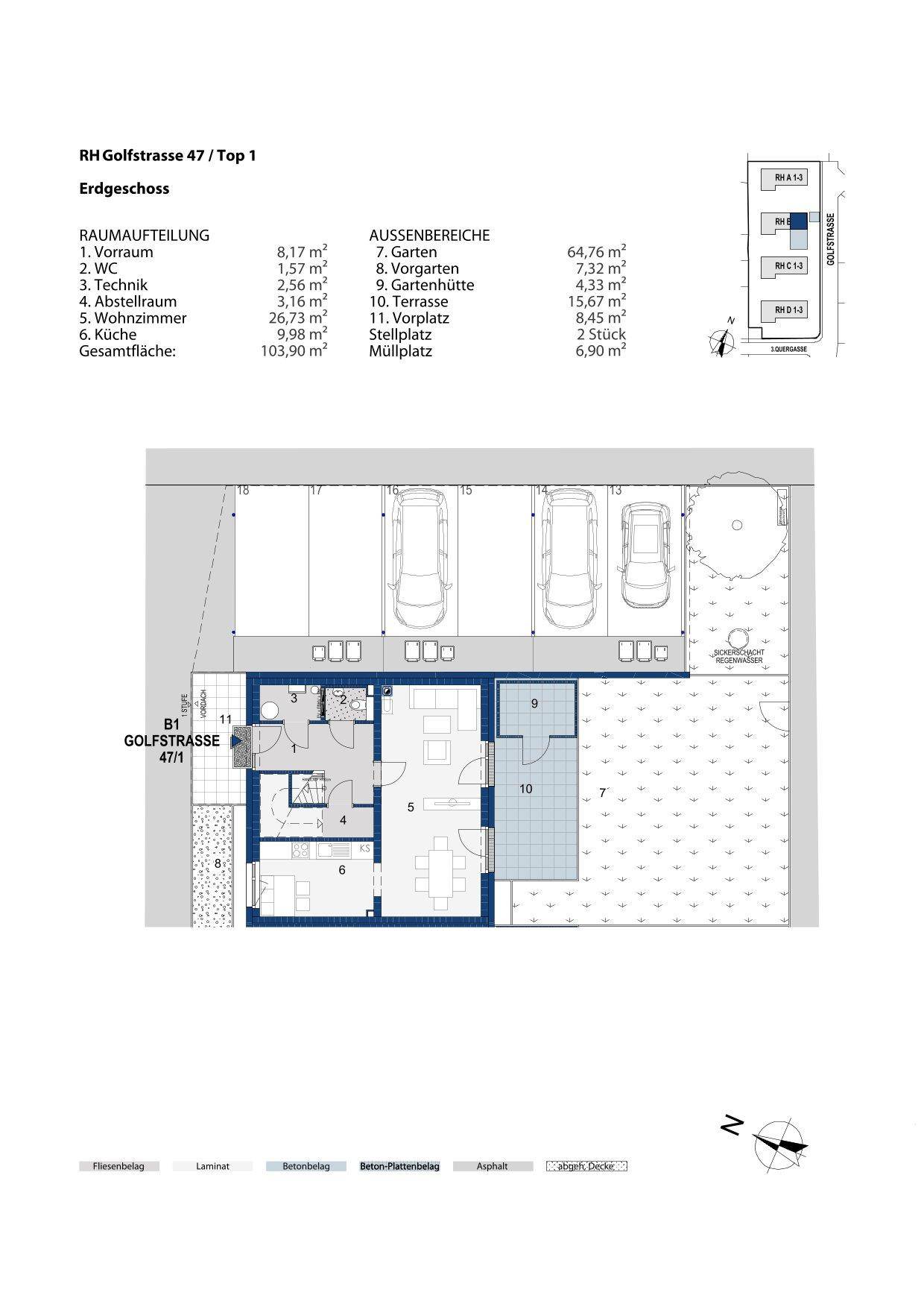 Grundriss des Erdgeschosses mit offenem Wohnbereich, Küche, Terrasse, Garten und Stellplätzen.