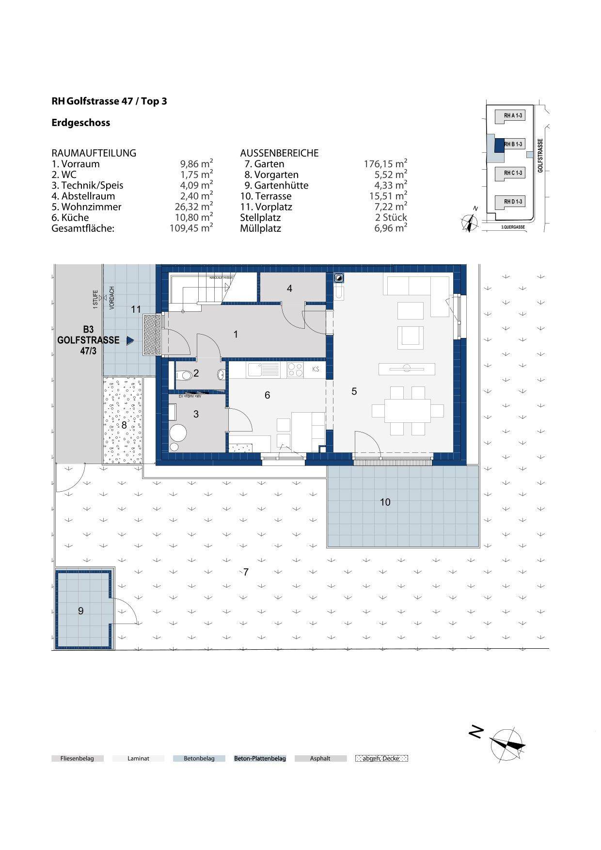 Grundriss des Erdgeschosses mit offener Wohnküche, Terrasse und Gartenbereich.