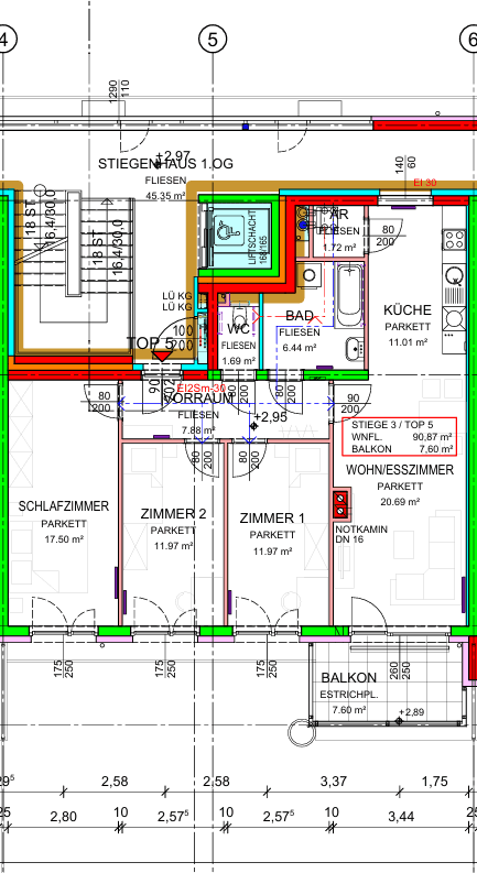 Detaillierter Grundriss einer Wohnung mit drei Schlafzimmern, offenem Wohn-Essbereich und Balkon.