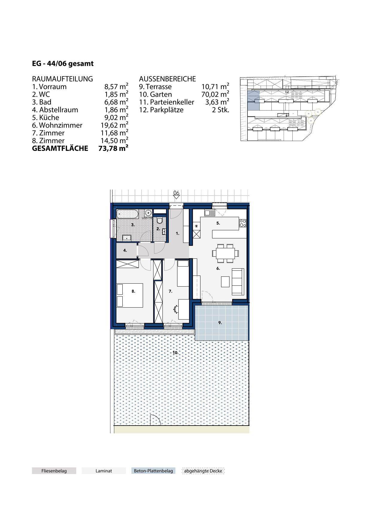 Grundriss einer Erdgeschosswohnung mit offenem Wohnbereich, Terrasse und privatem Garten.