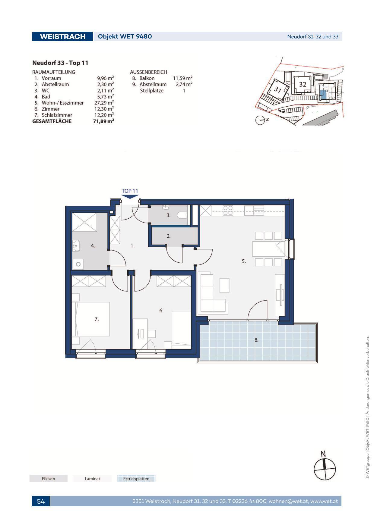 Grundriss einer Wohnung mit offenem Wohn-Essbereich, zwei Schlafzimmern, Bad, separatem WC und einem Balkon.