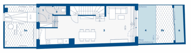 Grundriss des Erdgeschosses mit offenem Wohnbereich, Küche und Terrassenzugang.